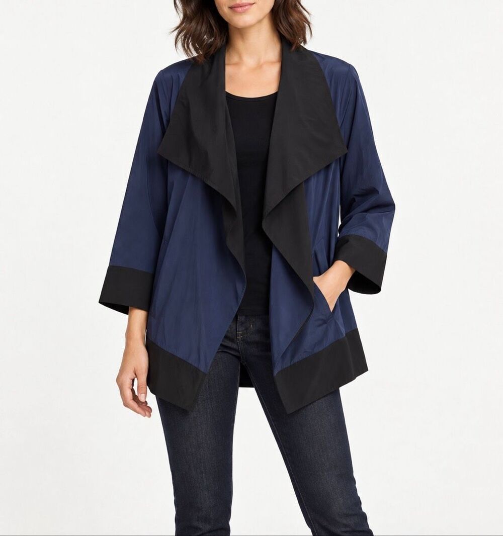 Sun Kim Navy Black Draped Water Resistant Travel Jacket Lagenlook S